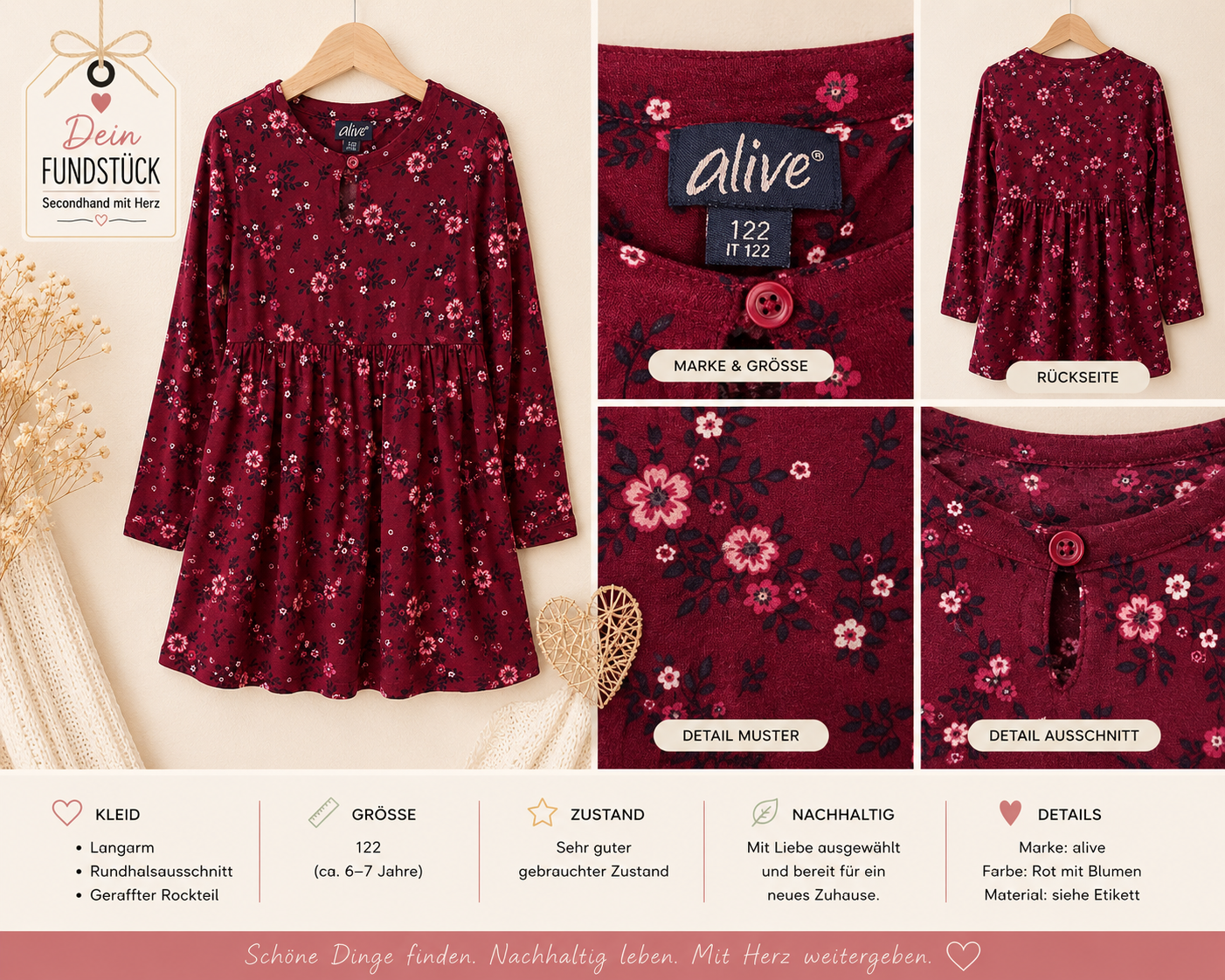 Rotes Langarm-Blumenkleid von alive – Gr. 122 (ca. 6–7 Jahre)