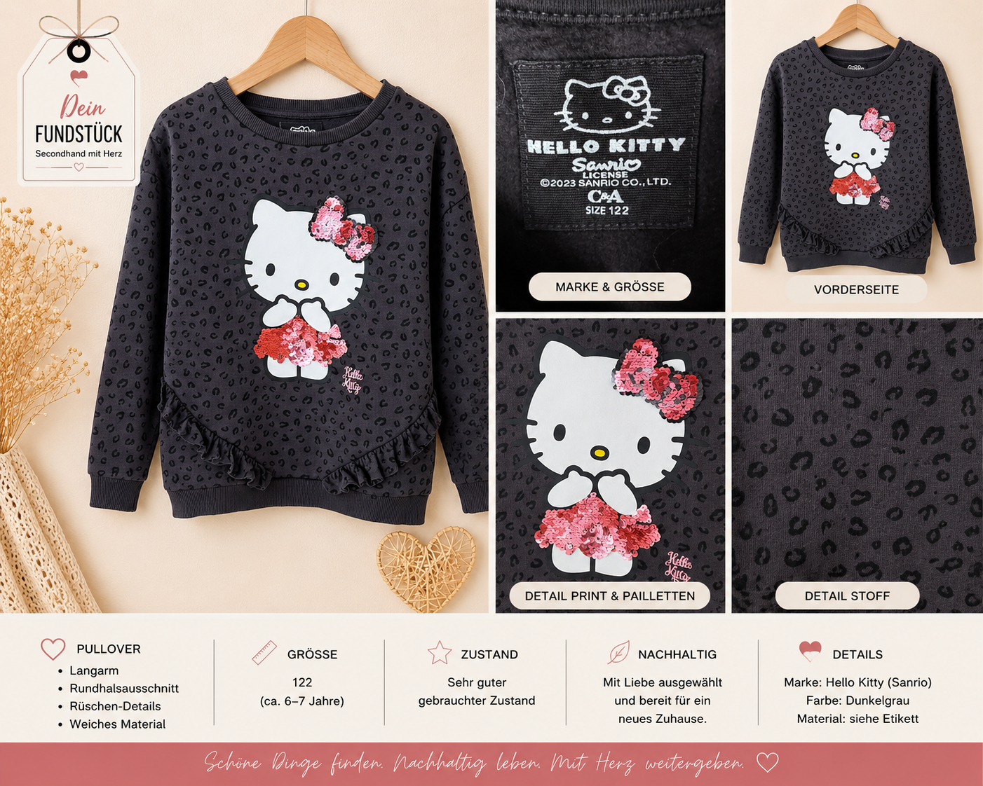 Hello Kitty Pullover mit Pailletten – Gr. 122 (ca. 6–7 Jahre)