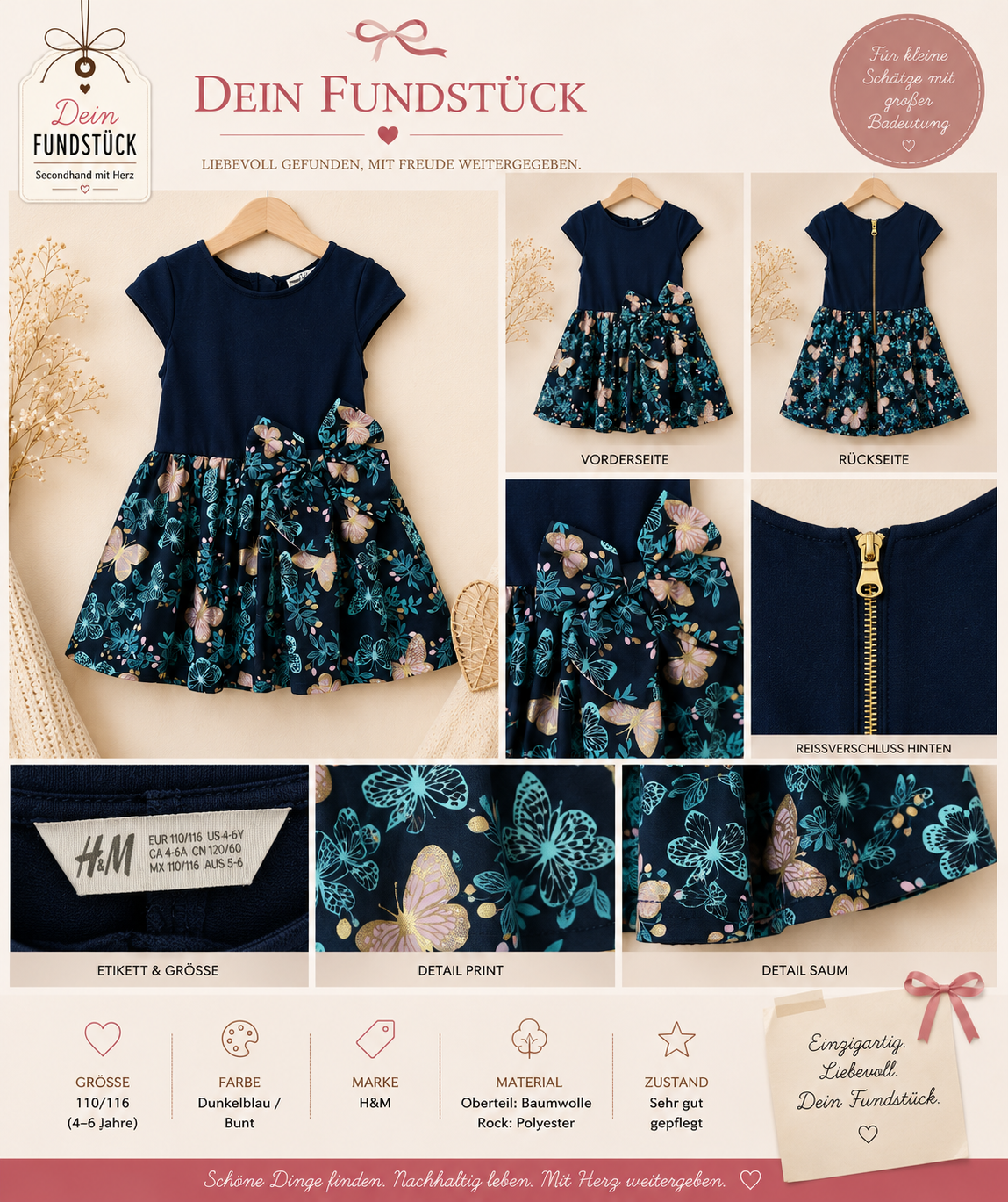 H&M Mädchenkleid | Gr. 110/116 (4–6 Jahre) | Dunkelblau mit Blumen & Schmetterlingsprint