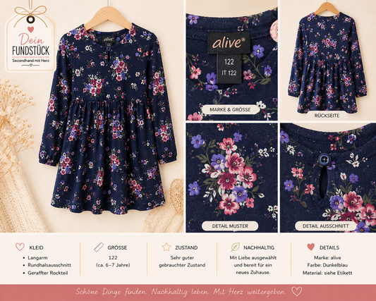 Blaues Langarm-Blumenkleid von alive – Gr. 122 (ca. 6–7 Jahre)