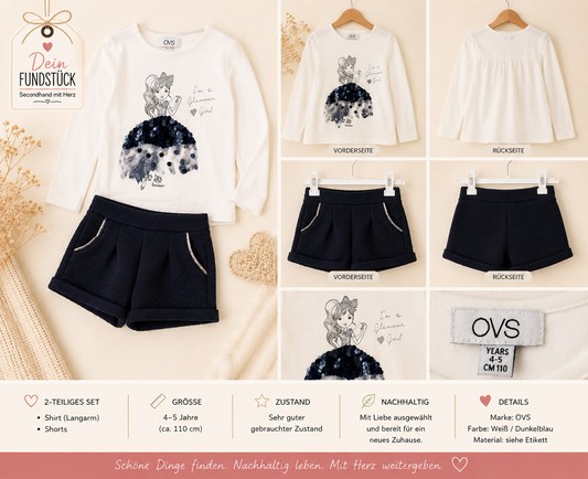 OVS 2-teiliges Mädchen-Set | Langarmshirt & Shorts | Gr. 110 (4–5 Jahre)