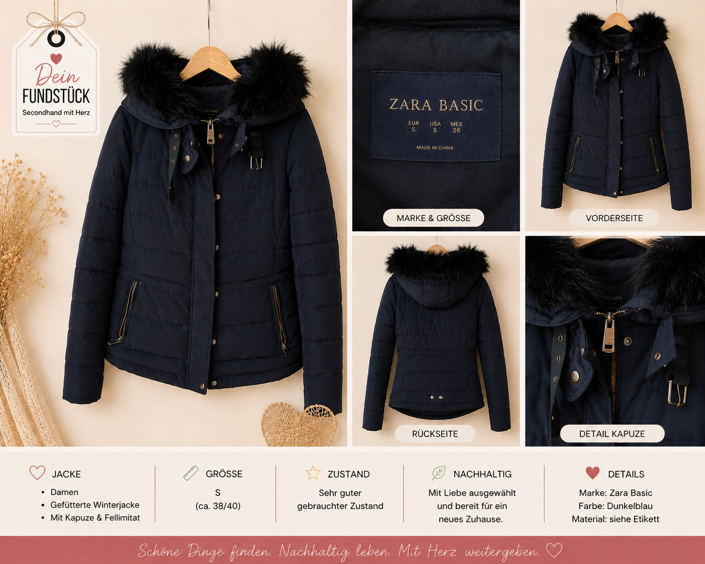 Zara Damen Winterjacke Dunkelblau-Schwarz| Gr. S
